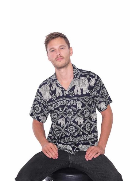 Black Elephant Print Aloha Short Sleeve