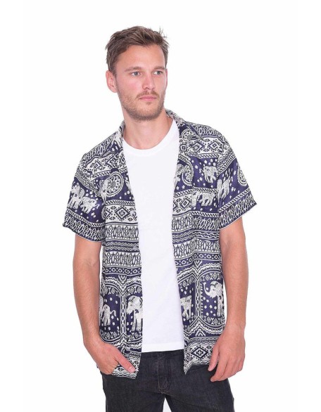 DARK BLUE Elephant Printed Aloha Short Sleeve