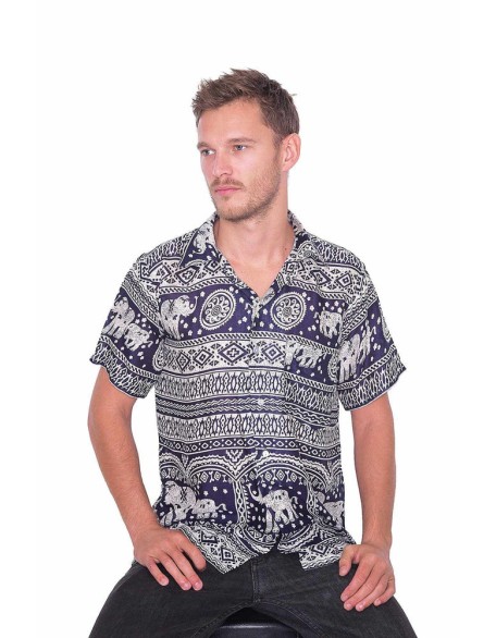 DARK BLUE Elephant Printed Aloha Short Sleeve