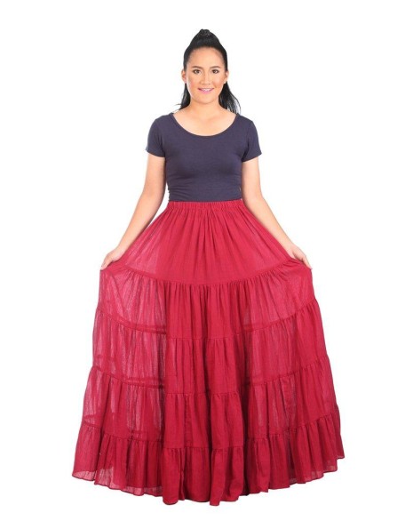 Burgundy Long Cotton Ruffle Maxi Skirt