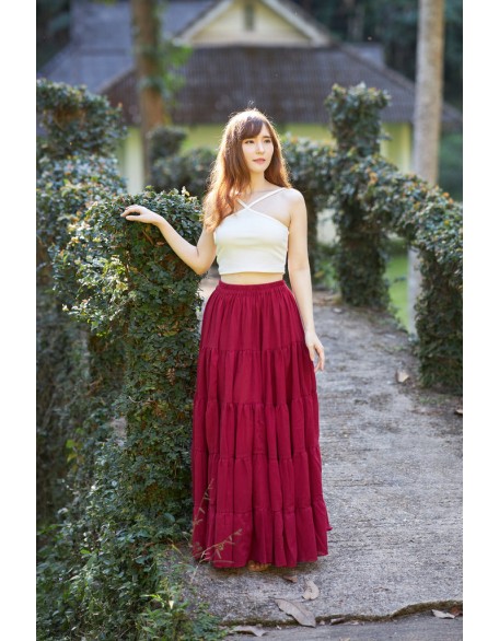 Burgundy Long Cotton Ruffle Maxi Skirt