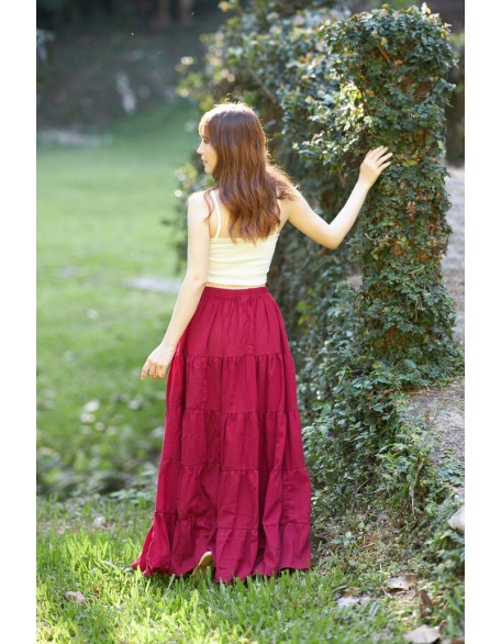 Burgundy Long Cotton Ruffle Maxi Skirt