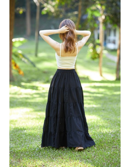 BLACK COTTON MAXI RUFFLE SKIRT