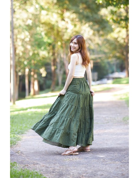 GREEN COTTON MAXI RUFFLE SKIRT