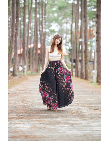 BLACK FLOWER LONG MAXI SKIRT