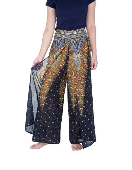 Wide Leg Pants with Peacock Design