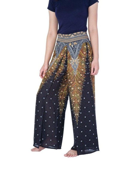 Wide Leg Pants with Peacock Design