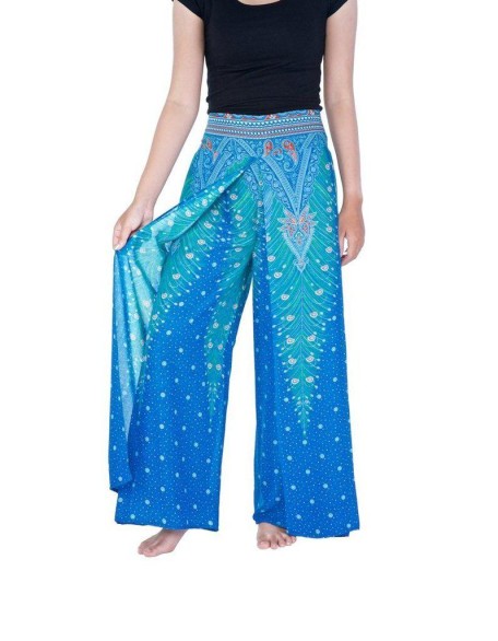 Wide Leg Pants with Peacock Design